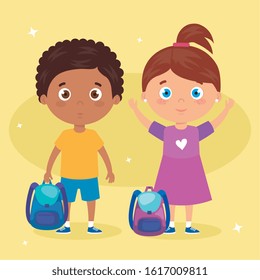 group of students with school suitcase, back to school vector illustration design
