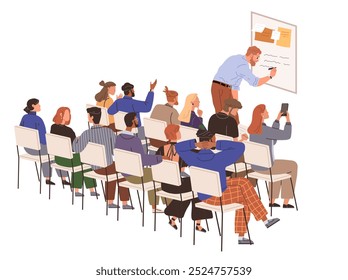 Group of students seated in rows attentively watching a teacher who is writing on a whiteboard. Students are diverse and some are taking notes or raising their hands. Ideal for education, seminars
