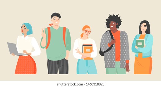 Group of students. Set of vector illustrations of young people of different nationalities. Cartoon characters