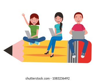group students sit on school pencil with her laptops