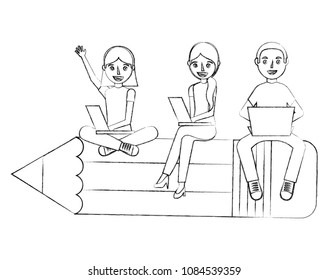 group students sit on school pencil with her laptops