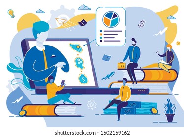 Group of Students Sitting Around Huge Monitor Watching Webinar. Online Education, Teacher Speaking at Computer Desktop Online. Teaching Course or Seminar for Scholars Cartoon Flat Vector Illustration