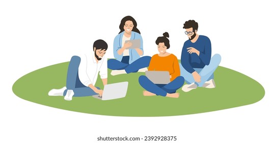 Group students is sitting on the grass with a laptop. Education concept