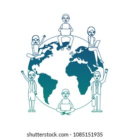group of students sitting on the world