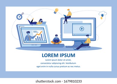 Group of Students Sitting Round of Immense Laptop and Pc with Teacher on Monitor Observe Webinar. Online Teaching, Instructor Verbalizing at Screen. Cartoon Flat Vector Illustration, Horizontal Banner