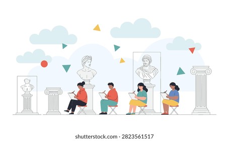 Group of students sketching classical sculptures and busts in a museum or art studio setting to practice their artistic skills.