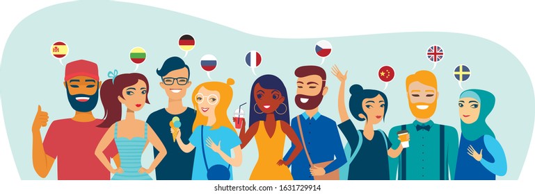 Group of students speaking different languages flat vector illustration