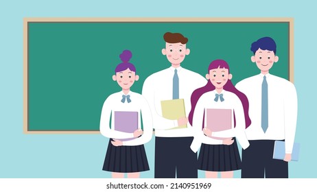 Group of students stand in front of the blackboard holding books in hand in front of the classroom. Educational vector illustration.