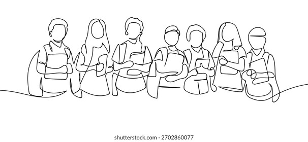 Un grupo de estudiantes se para en una fila frente al tablero, una fila continua. Estilo lineal simple minimalista. Ilustración de contorno de Vector.