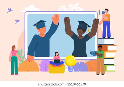 Group of students stand near big screen, web learning, lessons. Distance, online education concept. Poster for social media, web page, banner, presentation. Flat design vector illustration