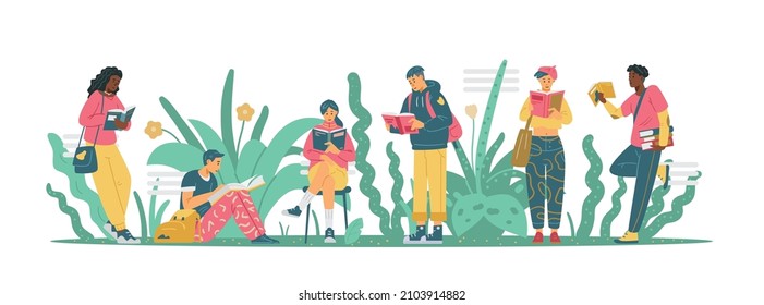 Group of students stand and read books, horizontal vector banner. Diverse kids of various ethnicities flat illustration. Student reader wait for examination to begin, library border design.