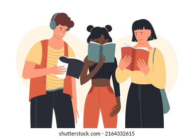 Group of students standing with open paper books and textbooks to prepare to exam or test in university or college vector illustration. Cartoon friends read and learn isolated on white. Study concept