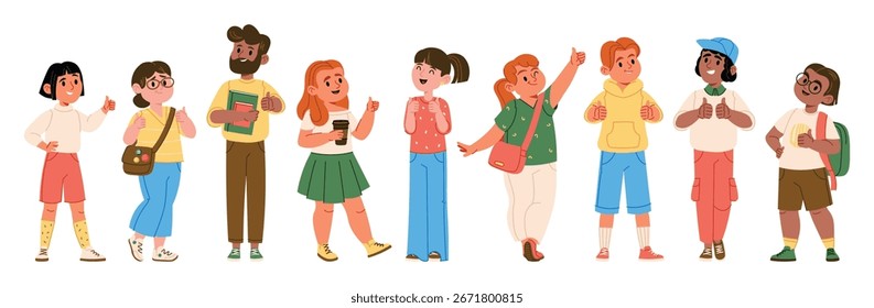 A group of students standing in a row with various outfits and expressions in a flat cartoon style. Different characters display joy and friendliness in a colorful scene. Cartoon vector illustration