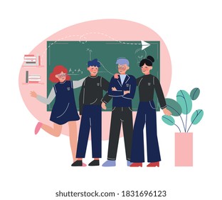 Group of Students Standing Together in Front of Blackboard, Teenagers Standing Posing Looking at Viewer at Classroom Vector Illustration