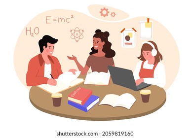 Group of students studying. Children prepare for lessons in various subjects. Physics, chemistry, english. Distance learning, library. Cartoon flat vector illustration isolated on white background