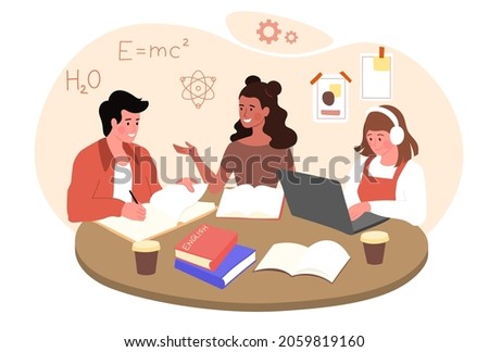 Group of students studying. Children prepare for lessons in various subjects. Physics, chemistry, english. Distance learning, library. Cartoon flat vector illustration isolated on white background