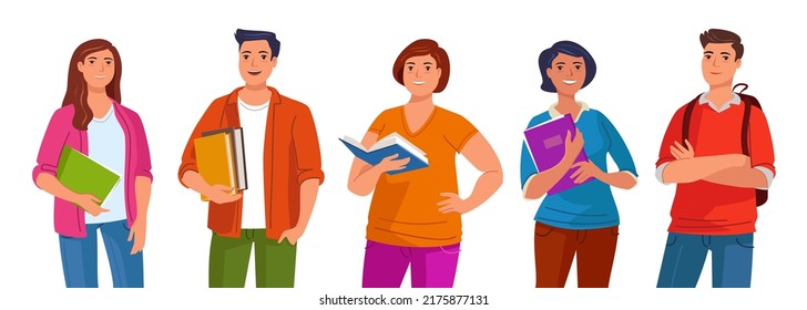 Group of students studying at college or school. Happy teenagers in casual clothes holding books. Youth lifestyle