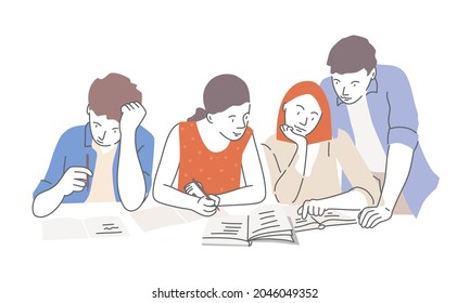 Group of students studying together. Young people sitting at the table and learning. Hand drawn vector illustration.