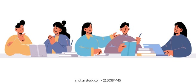 Group of students studying together, young girls and boys reading books, doing homework task at school or university. Happy teenagers classmates characters union, , Linear flat vector illustration