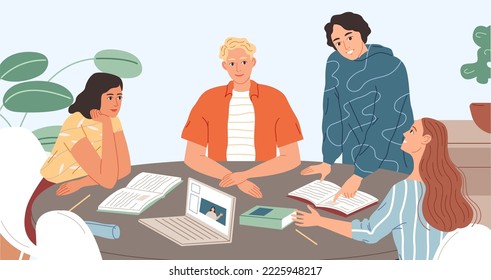 Group of students studying together. Young people sitting at the table and learning.