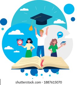 Group Of Students Studying In The University To Graduate It And Get Bachelor Degree. Books, Graduation Hat And A Clock As A Symbol Of Uni Attributes. Flat Design Illustration. Vector.