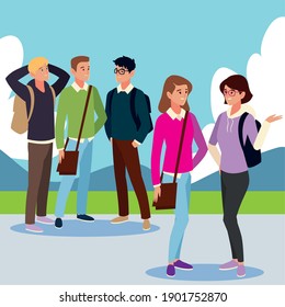 group students talking characters, male and female cartoon outside image vector illustration