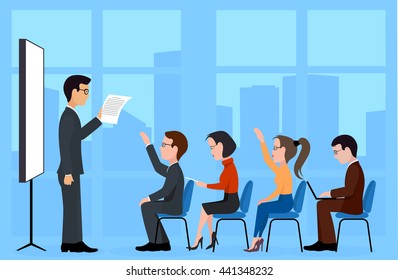 A group of students. A training seminar .Speaking to the audience flat style