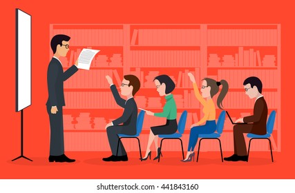 A group of students. A training seminar .Speaking to the audience flat style