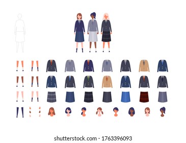 Group of students uniform from high and middle school. Vector illustration of girls in uniform of different colors. Isolated graphics.
