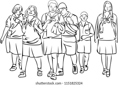 A group of students are walking on the street with a happy smiles on their face.