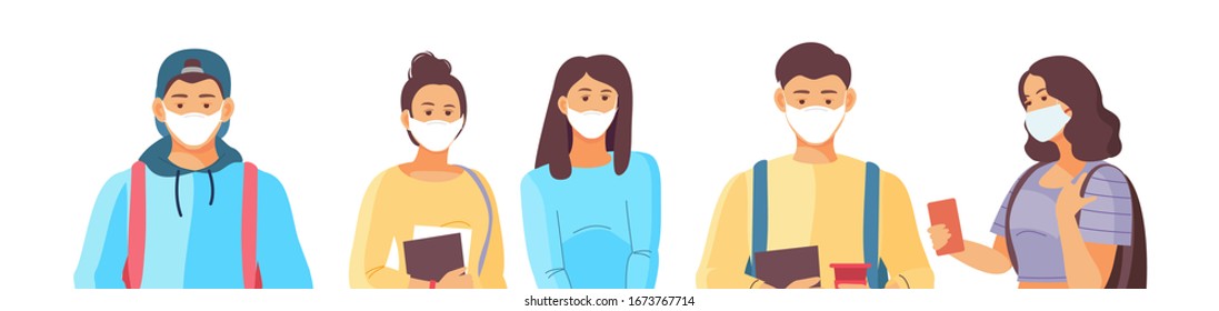 Group Of Students Wearing Medical Masks To Prevent Epidemic Coronavirus, Flu, Environmental Pollution. Coronavirus In China. Wuhan Coronavirus 2019-nCoV Cartoon Vector Illustration