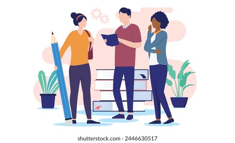 Group of students working - Three school people reading, studying and taking education together in front of stack of books. Educational knowledge concept in flat design vector illustration