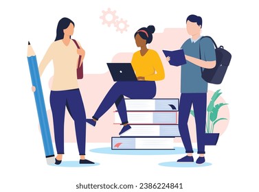 Group of students working together - Team of people studying and taking education using laptop, book and big pencil. Flat design vector illustration with white background