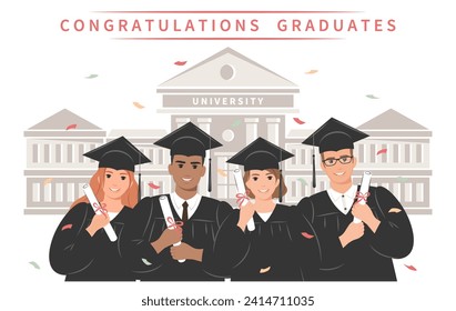 Group of students-graduates wearing an academic gown, graduation cap and holding a diploma against the backdrop of the university. University building with columns. Vector illustration
