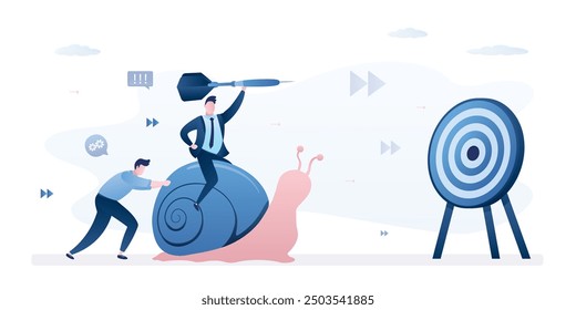 Group of stupid entrepreneurs ride on snail to wrong direction. Business slow growth or bad results. Unproductive work, wrong way and strategy. Inefficient corporate business management, mistakes.