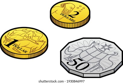 A group of stylised Australian AUD coins.$1, $2, and 50 cents.