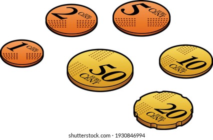 A group of stylised Euro cent coins. 1, 2, 5, 10 and 20 Euro cents.