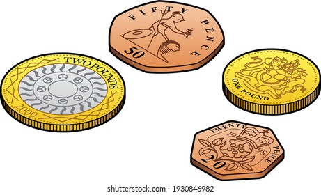 A group of stylised UK pound and penny coins. 20 and 50 pence, 1 and 2 pounds.