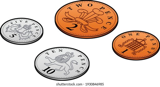 A group of stylised UK sterling penny coins. 1, 2, 5, and 10 pence.