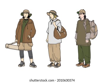 Group of stylish and cool women with outdoor clothing and equipment. Vector illustration of a woman adventure team. cartoon flat illustration isolated on white