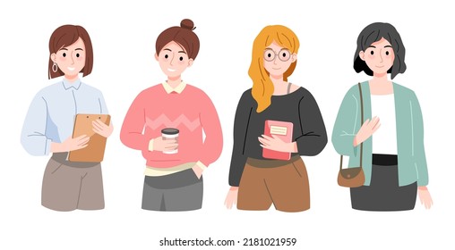 Group stylish employee women wearing fashion outfits