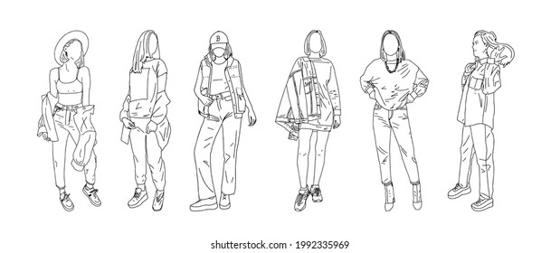 A group of stylish female students posing in youth clothing. Linear style. Vector illustration.
