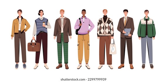 Group of stylish men. Set of characters in modern trendy outfit. Mens fashionable casual wear set. Group of young beautiful dressed people. Cartoon flat vector collection isolated on white background