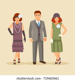 Group of stylish people dressed in the fashion of the 1920s. Vector retro illustration