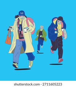 Grupo de gente con estilo corriendo mientras toma café