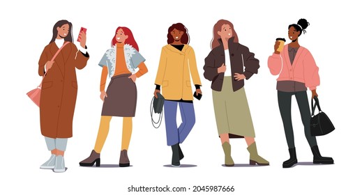 Grupo de Mujeres Estilosas con ropa de moda de otoño. Las jóvenes personajes femeninas llevan ropa moderna de café en temporada de otoño. Gente de ropa de moda aislada de fondo blanco. Ilustración del vector de dibujos animados