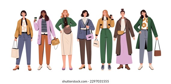 Grupo de mujeres elegantes. Personajes femeninos con ropa de moda y hermosa, falda, abrigo y suéter. Muchachas con ropa de moda. Colección vectorial plana de dibujos animados aislada en fondo blanco