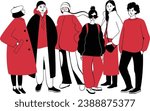 Group of stylish women and men in trendy spring or fall outfits. Hand drawn young people character set. Modern fashionable street style girls and guys. Vector red and black color illustration.