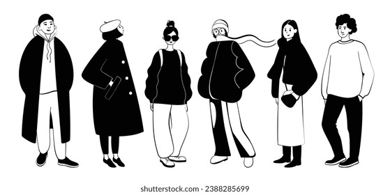 Group of stylish women and men in trendy spring or fall outfits. Hand drawn young people character set. Modern fashionable street style girls and guys. Vector black and white color illustration.