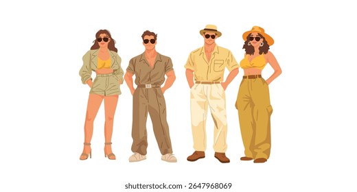 group of stylish young people in safari style clothing vector illustration